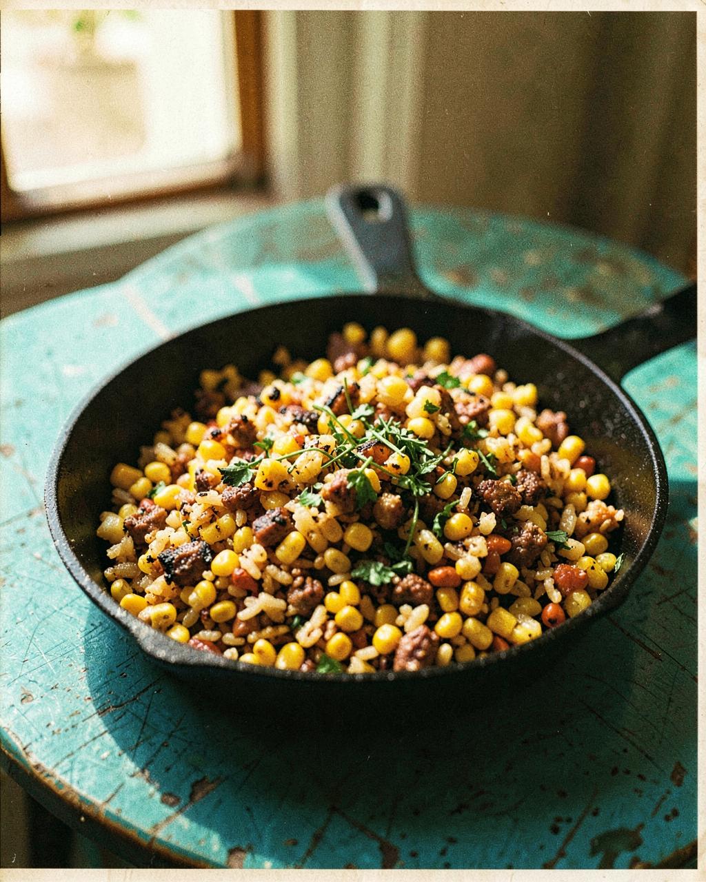 A cast-iron skillet of charred corn and chorizo rice scattered with herbs on a turquoise table