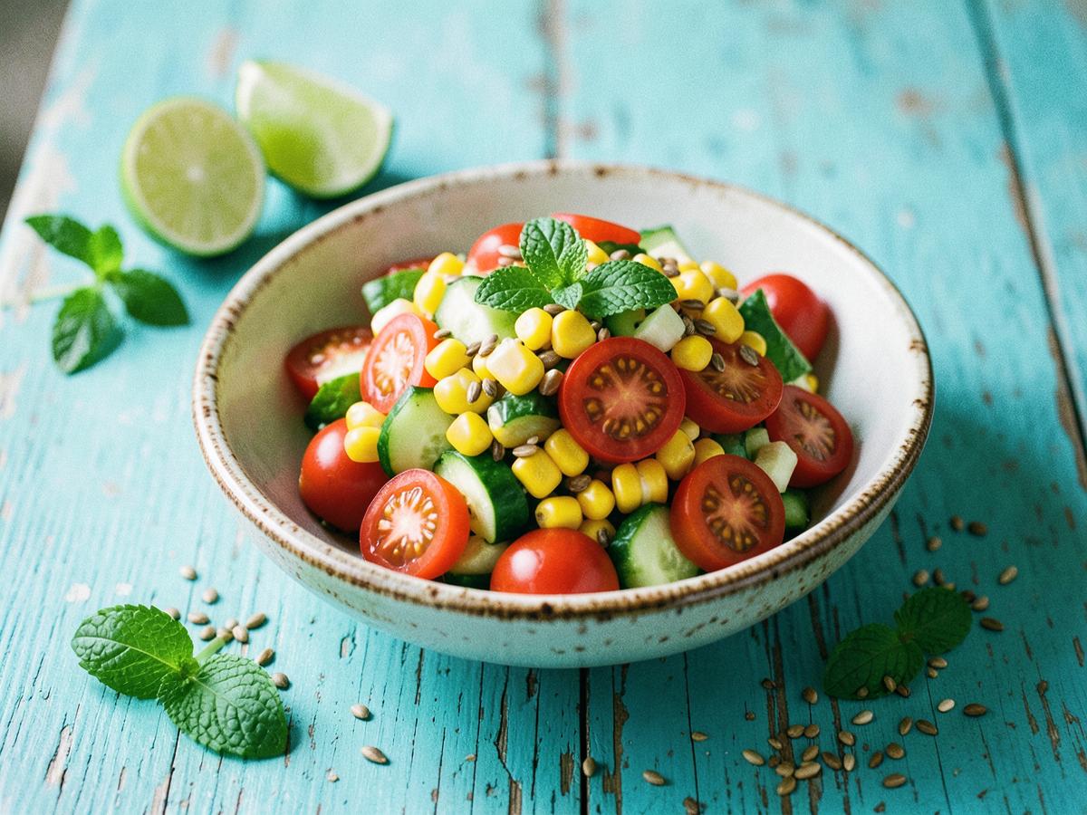 A bowl of corn, cucumber and cherry tomato salad on a turquoise table