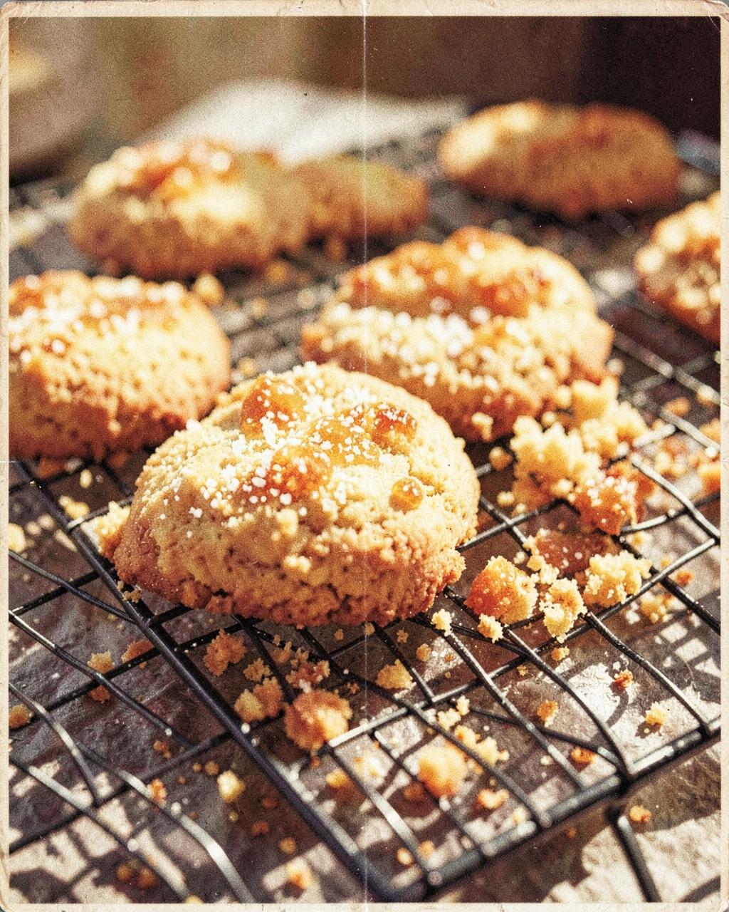 Salted honey cookies cooling on a wire rack with crumbs and flaky salt