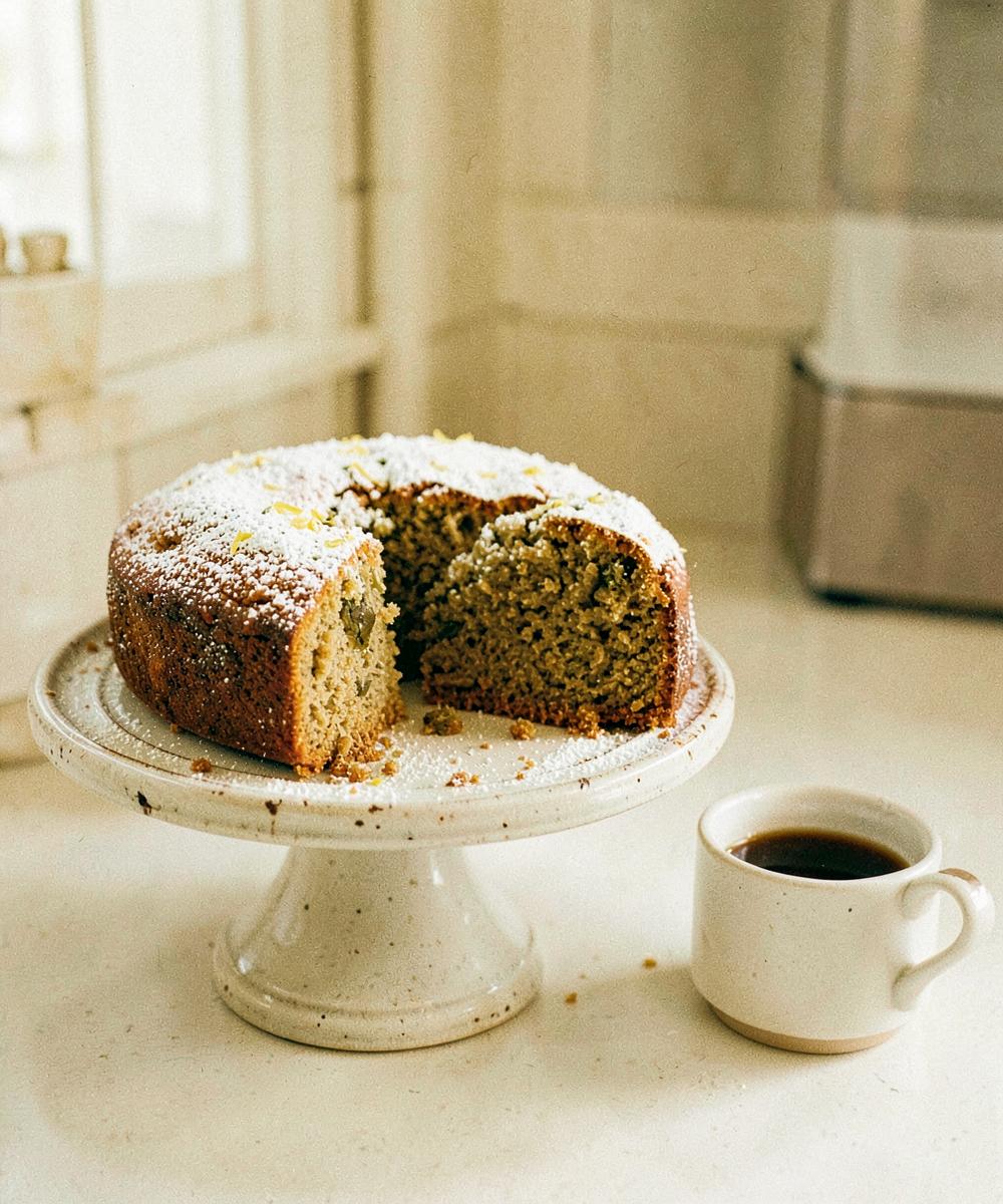 An olive oil cake on a ceramic stand with one slice cut, beside a cup of coffee