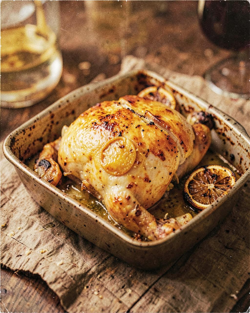 A whole roast chicken in a battered tin with burnt lemon halves and pan juices