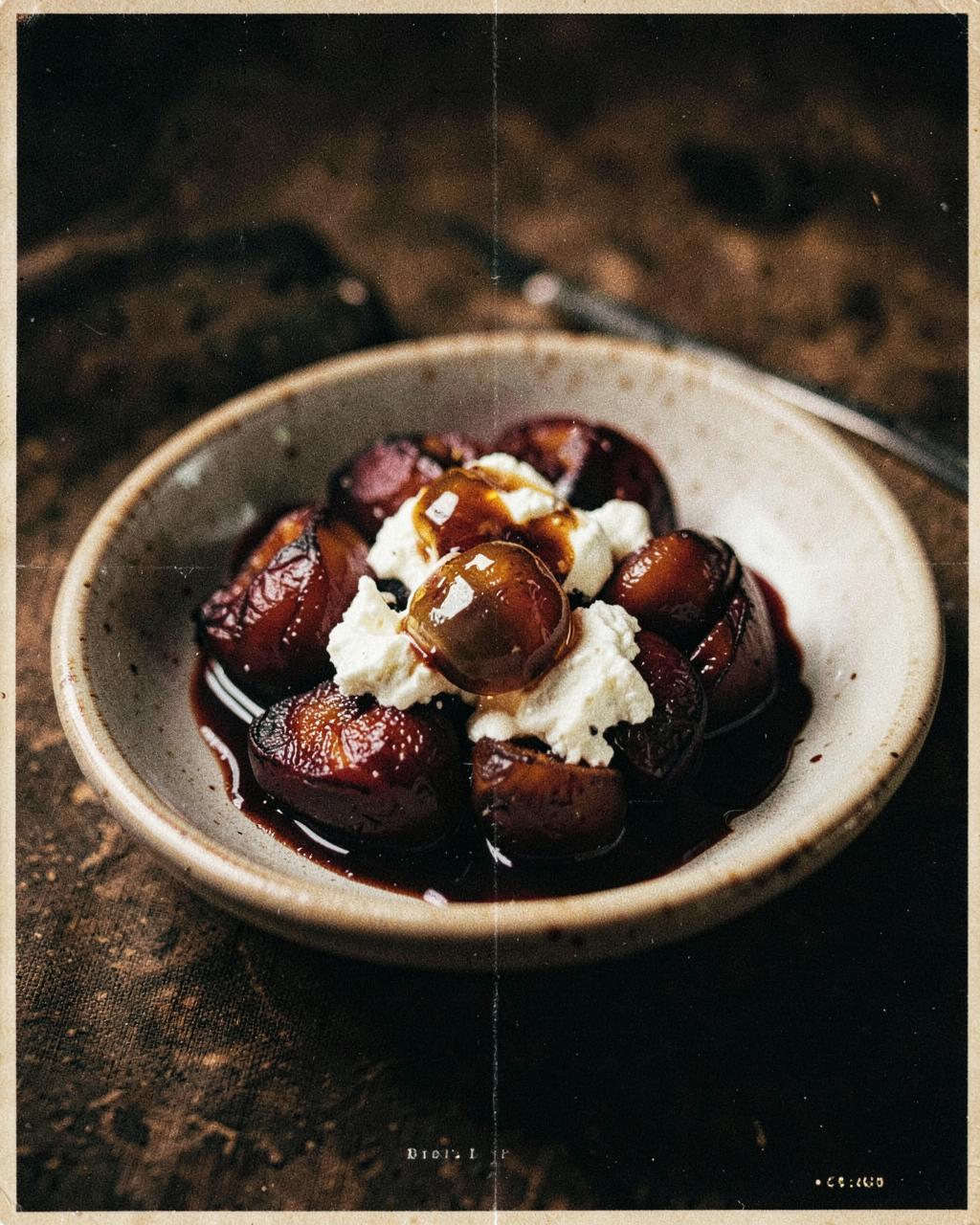 Roasted plums in dark syrup with ricotta and honey in a shallow ceramic dish