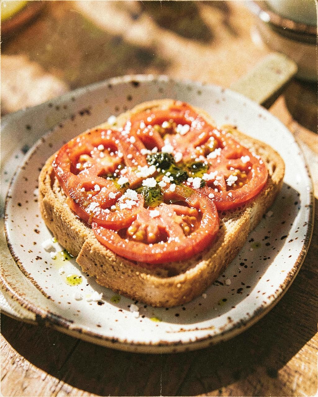 Thick slices of tomato toast with olive oil and flaky salt on a chipped plate