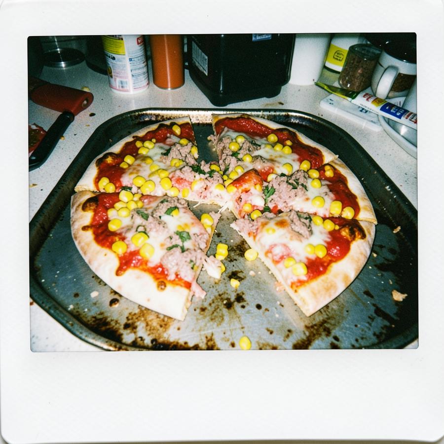 A homemade tuna and sweetcorn pizza cut into uneven pieces on a battered baking tray