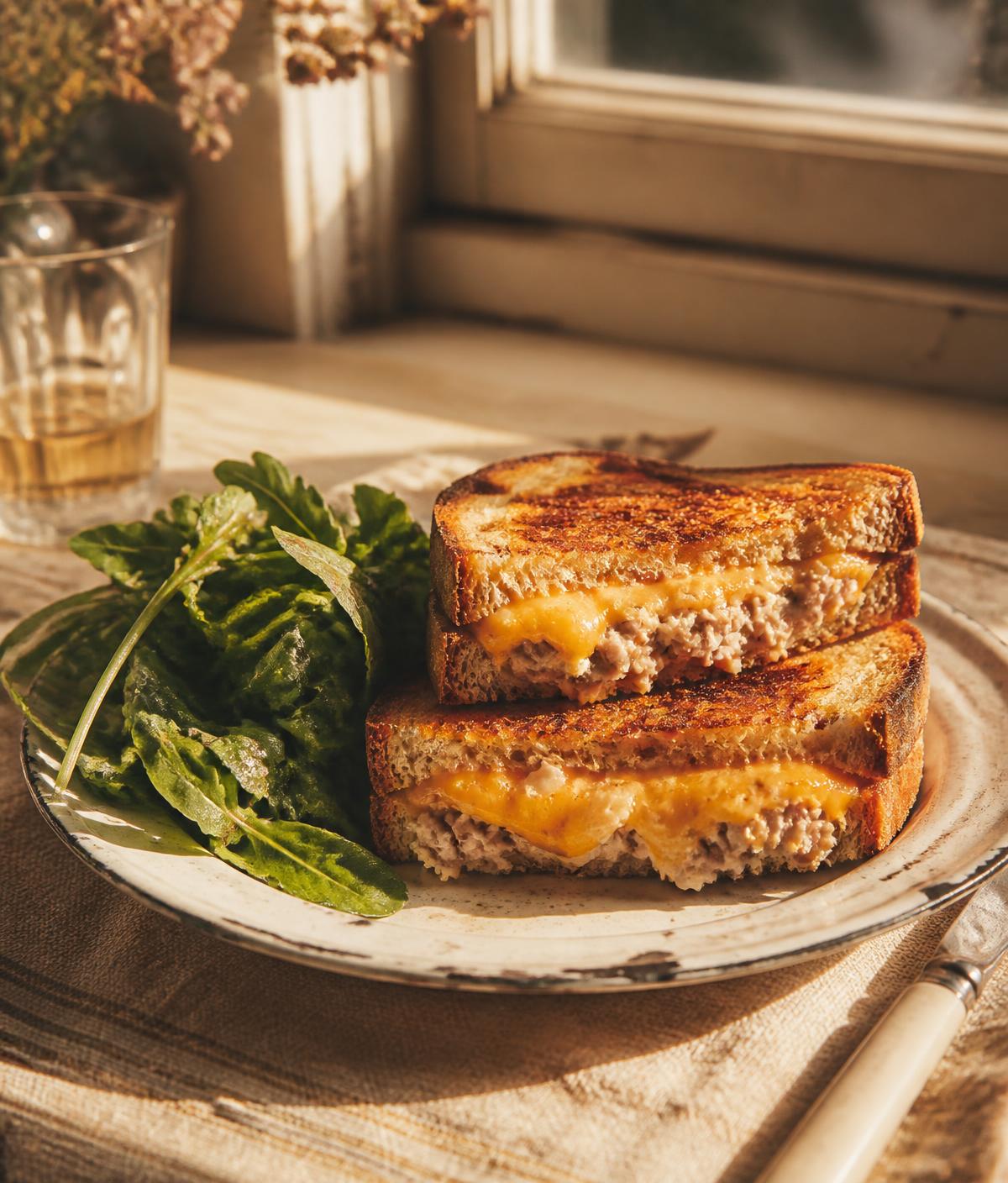 A tuna melt on sourdough cut in half, cheese running over the crisp edges